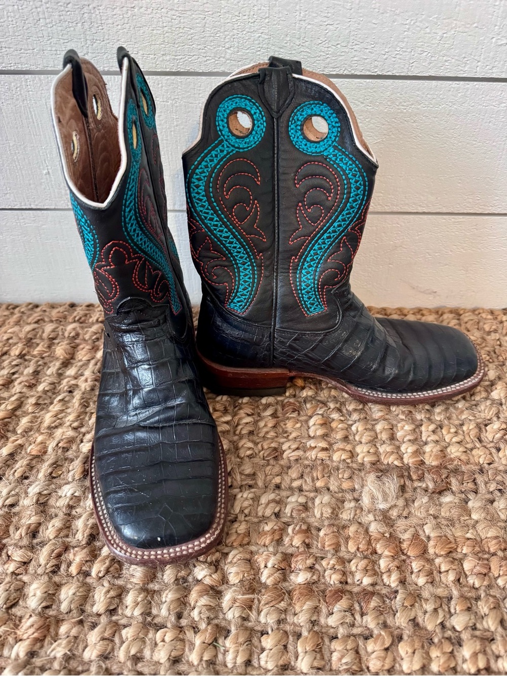 Black Leather Western Combat Boots with Turquoise Stitching